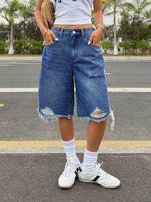 SHEIN ICON 女式侧条纹口袋做旧磨边宽松牛仔短裤