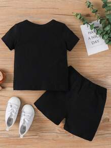 SHEIN 2pcs Toddler Boys' Casual Fashion Creative Simple Letter Slogan & Italy Flag Print Short Sleeve T-Shirt And Shorts Set Black Baby Outfit Italy Baby Clothes Baby Boy Black Outfit Infant Summer Outfit Milano Baby Outfit - Black - View 2