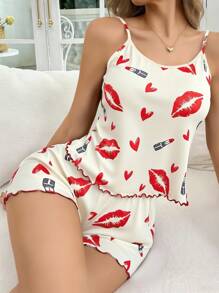 SHEIN 2件套唇形和心形印花荷叶边吊带背心和短裤睡衣套装 - 米色 - 查看 4