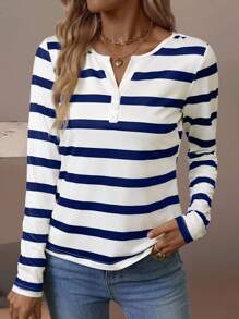 EMERY ROSE Women's V-Neck Striped Button Long Sleeve T-Shirt Fall Cloth For Women