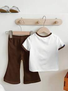 SHEIN 2pcs/Set Girls Casual Cartoon Pattern Round Neck Short Sleeve Top And Flare Pants Summer Outfit