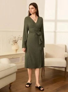 Moireta Elegant Casual Ribbed Jacquard Long Sleeve Wrap Women Robe, Fall, Cozy Outfits