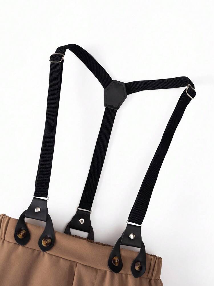 Tween Boy 3-Piece Formal Outfit Set: Solid Color Shirt, Shorts With Suspenders & Bow Tie, & Fashionable For Birthday Party, Ceremony, Wedding, Wedding Guest, Pageboy, Ring Bearer, School, Campus, College