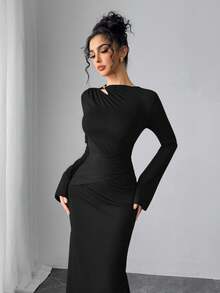 Modelyn Abito elegante da donna a maniche a campana di colore unito - nero - Visualizzare 5