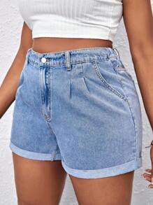 SHEIN Tall CURVE 大码夏季休闲水洗牛仔短裤 - 藍色 - 查看 1