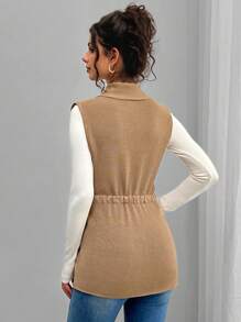 SHEIN Áo khoác len cardigan dệt kim không tay cổ rút dây buộc màu trơn cho bà bầu - màu nâu - Xem 2