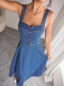 Elenzga 女式无袖单排扣长款牛仔连衣裙 - 中等水洗藍 - 查看 2