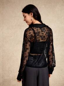 House of One Collared Long Sleeves Transparent Black Lace Shirt Top Women Casual Elegant Party Autumn Lace Blouse