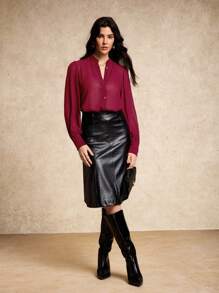 House of One Blouse en mousseline de soie à manches longues bouffantes et boutonnée, couleur bordeaux. Blouse décontractée transparente pour femmes, Top bordeaux, Top rouge pour femmes