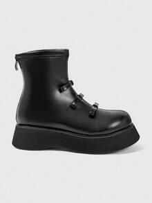 ROMWE Grunge Punk 女士休闲厚底切尔西踝靴，圆头蝴蝶结装饰后拉链 2.0 英寸粗跟，朋克英伦风格皮革厚底短靴，户外通勤靴 - 黑色 - 查看 8