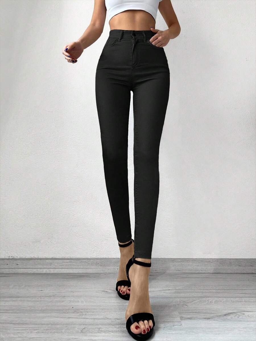 SHEIN Cottnline Jeans Entallados De Talle Alto - Negro - Ver 1