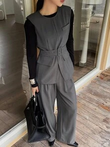 DAZY Bộ 2 món đồ mặc nhà màu trơn dành cho nữ: áo vest cổ tròn có thắt lưng và quần ống rộng. - Xám - Xem 5