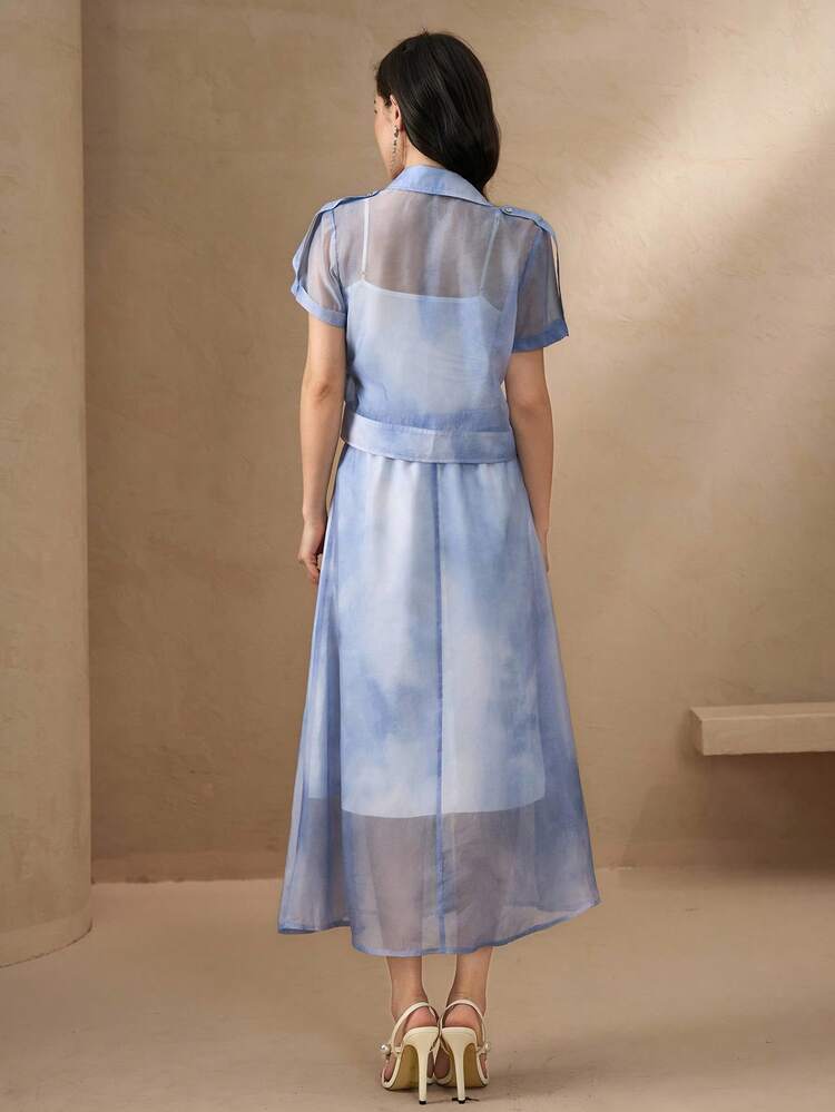 2pcs Women's Patchwork Sheer Pocket Shirt And Skirt Set