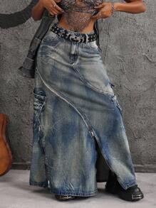 Jeanoix Chân váy Maxi denim cỡ lớn có túi tiện dụng dành cho nữ - Màu xanh lam - Xem 6