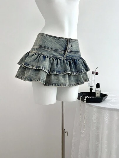 Elamini Chân váy denim mini viền bèo nhún thời trang dành cho nữ, mùa hè