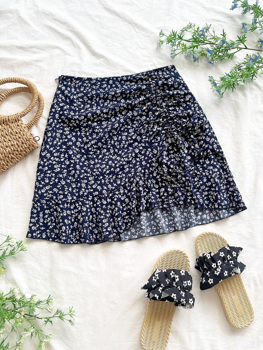 Soleia 碎花抽繩褶邊荷葉邊半身裙 - 寶藍色 - 查看 1