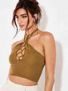 KIZN Top corto de punto metálico con cuello halter, detalles trenzados y cuentas doradas, diseño elegante sin mangas para uso en fiestas, eventos de verano y ocasiones especiales - Verde - Ver 5