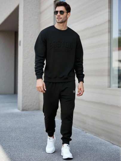 2pcs Teen Boys Hoodie & Sweatshirt Co-Ords Casual Preppy Style And Basic Black Embossed Design Long-Sleeved Crew Neck Regular Fit Regular Thickness Casual Daily StreetSpring Autumn And Winter Crew Neck Sweatshirt And Sweatpants Set Back To School Soft And Comfortable Fall