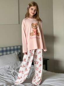 Hapijoa 青少年女孩字母和卡通熊印花长袖上衣和裤子睡衣套装 - 粉色 - 查看 4