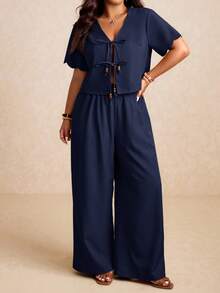 Elaquor Plus Size Vacation Casual Solid Color Shirt And Pants 2 Pieces Set,Fall Clothes For Women