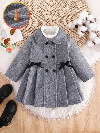 Blommig grå 3D-rosettdekor Rund hals Långärmad Varm & Mysig Spädbarnsflicka Elegant Rosettkrage Fram Öppen Långa Ytterkläder, Höst/Vinter Babyflicka Vinterkappa Babyflicka Kappa Småbarnsflicka Vinterkappa Flickor Vinterkappa Babyflicka Överkappa Höst