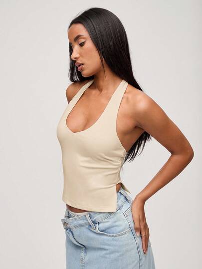 SHEIN BASICS Top halter de punto de unicolor casual para mujer