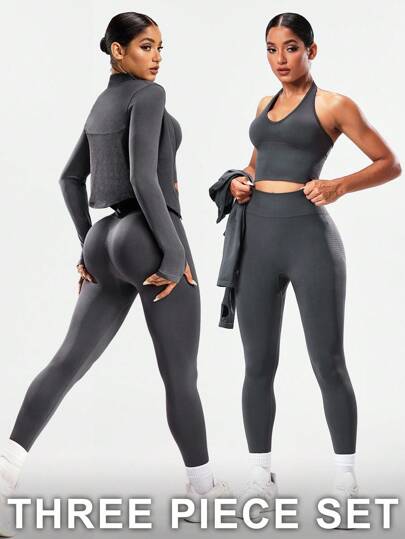 Dewbera 女式纯色长袖拉链领夹克、修身吊带背心和紧身裤运动套装健身健身房运动套装