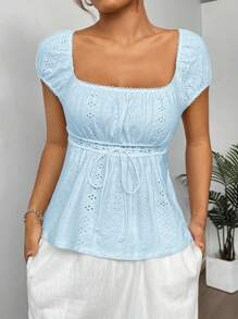 Comfortcana Textured Jacquard Ruched T-Shirt, Minimalist Fashion Casual For Everyday Wear - Blue - View 6