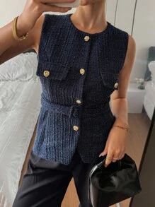 Livesso Áo ba lỗ không tay cổ tròn ôm sát mùa hè dành cho nữ - Màu xanh hải quân - Xem 5