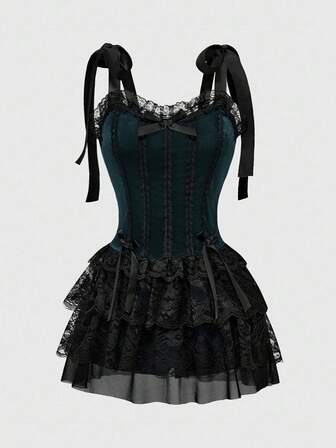 Goth Vestido de terciopelo con cuello halter, estilo gótico vintage de palacio, con encaje de contraste y colgante de cruz, edición de vacaciones