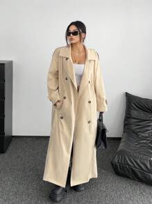 POPSWAY New Elegant Maxi Khaki Double-Breasted Straight Loose Cinched Waist Lapel Long Sleeve Windbreaker Coat For Women, Fashion Minimalist Chic Outerwear Winter Fall Autumn - Khaki - View 2