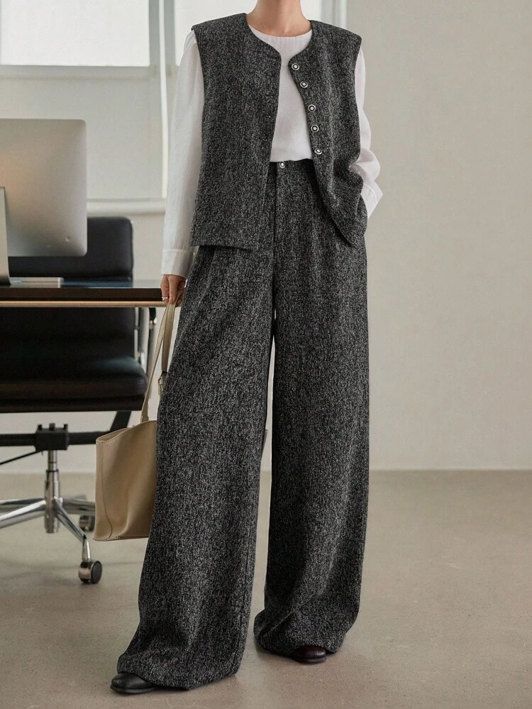 Women's Casual Business Suit, Loose Fit Vest Cardigan Top And Straight Leg Pants 2 Pieces Set, Suitable For Office, Commuting, Autumn/Winter
