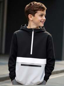 SHEIN Tween Boy Casual Sports Street Fashion Hooded Jacket, Loose Fit Color Block Zip-Up Windbreaker, Suitable For Commuting, School, Daily Leisure, Sports Activities, Autumn/Winter Season, Windbreaker Jacket Boys Hoodies For Teens Boys Hoodie With Pockets ,Teen Hoodie Boys Fall - Black - View 1