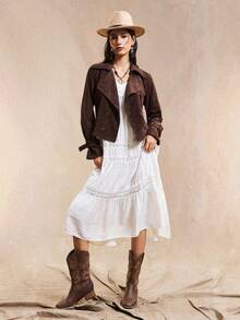 Easelle Cowgirl Women's Western Vintage Bohemia Dark Brown Woven Women's Lapel NeckLong Sleeve Double-Breasted Casual Trench Coat Fall Winter Clothes Women, - Coffee Brown - View 2