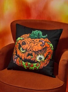 MADBALLS X SHEIN 1 Stück 45*45cm Plüschkissenbezug (ohne Kissenfüllung), Verrückter Augapfel & Kürbiskopf Muster Halloween Kissenbezug, fluoreszierender Digitaldruck Effekt, leuchtend & lebhaft, Halloween Dekoration