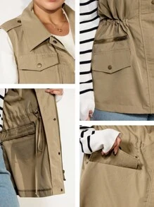 Momelise Plus Size Women's Solid Color Turndown Collar Single-Breasted Zipper, Practical Pocket Drawstring Waist Sleeveless Casual Jacket Winter Fall Autumn - Khaki - View 8
