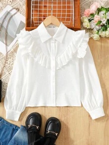 SHEIN Tween 女童休闲纯色荷叶边纽扣长袖衬衫，适合学院风返校日常穿着 - 白色 - 查看 4