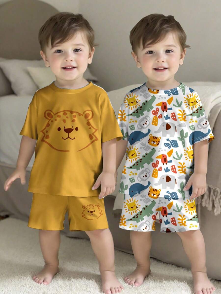 Bubblio 2件套卡通猎豹、大象、鳄鱼、鲸鱼、老虎印花宽松休闲家居服,柔软舒适的儿童精选系列,日常基本款,快乐的孩子,柔和的色彩,适合夏季 - 彩色 - 查看 1