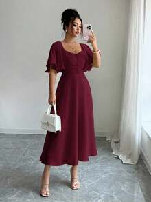 Modelyn Women's Solid Buttercup Yellow Chiffon Ruffle Sleeve Design Summer French Style Vacation Dress - Burgundy - View 5