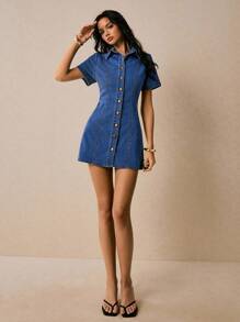 Poéselle 女士牛仔连衣裙金属纽扣装饰腰部连衣裙女士连衣裙蓝色衬衫连衣裙女士纯色前扣休闲短袖牛仔连衣裙夏季女装夏季连衣裙波西米亚风夏装夏季女装牛仔连衣裙 Y2k 乡村音乐会服装节日服装 - 中等水洗藍 - 查看 5