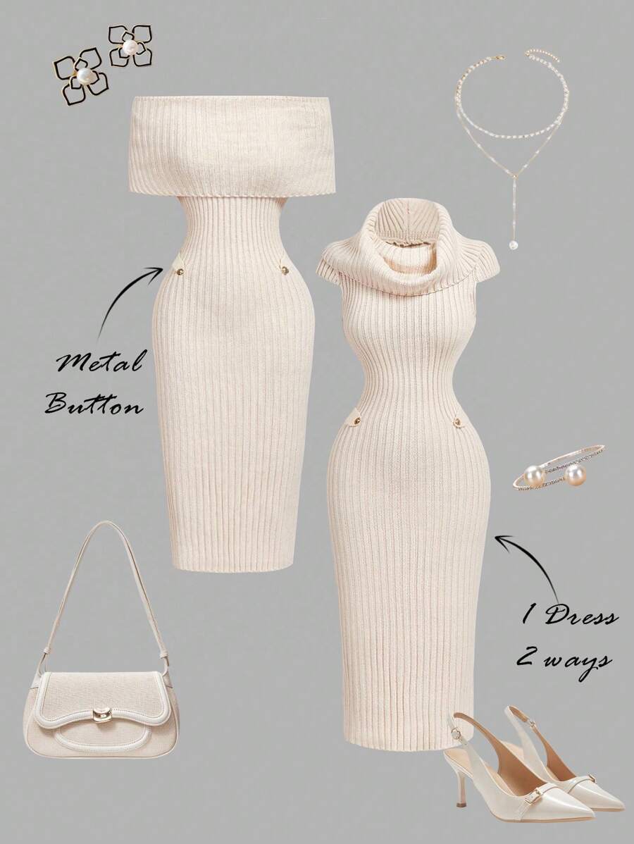 SHEIN MOD Women Off Shoulder Fitted Knit Dress, Solid Color Elegant,Back To School,Business Casual Woman,Vacation Outfits Women,Fall Clothes,Office Outfits For Women,Elegant Dresses For Women,Winter Clothes For Women,Western,Western Wear Women,Vintage - Apricot - View 1