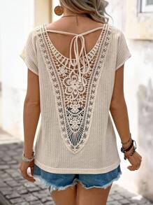 Brillora Summer Knot Front Flower Embroidered Panel Back V-Neck Summer T-Shirt - Apricot - View 2