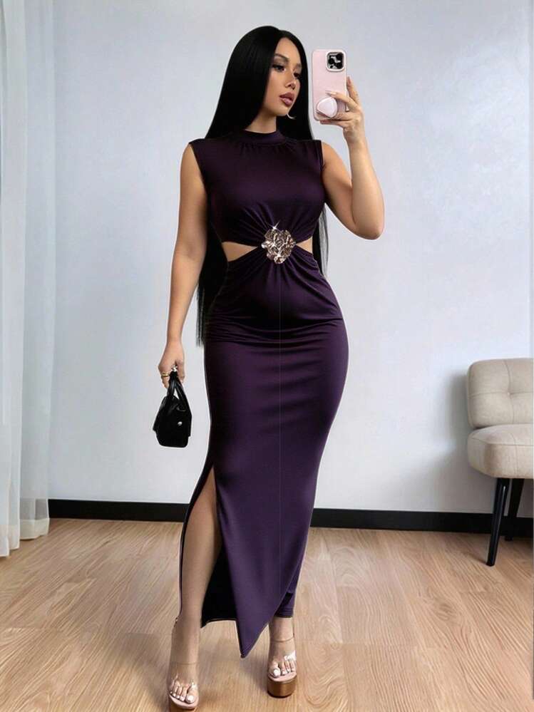 SHEIN ChicEase 女式优雅立领镂空金属花卉无袖紧身长裙，休闲，黑色，修身，约会，派对，简约，纯色，返校，日常 - 紫色 - 查看 1
