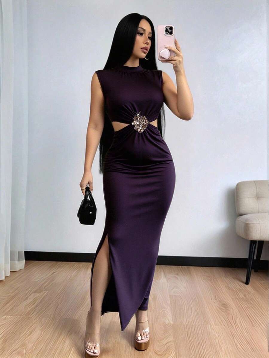 SHEIN ChicEase 女式优雅立领镂空金属花卉无袖紧身长裙，休闲，黑色，修身，约会，派对，简约，纯色，返校，日常 - 紫色 - 查看 1