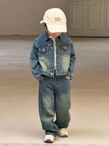 SHEIN 2pcs/Set Young Boy Fall/Winter Vintage Urban Street Cool Style Vintage Distressed Casual Basic Everyday Style Blue Denim Lapel Long Sleeve Loose Fit Jacket And Baggy Jeans Set,For Kids Fall/Winter Clothes,Boys Back-To-School Clothes,Boys Streetwear Outfits,Boys Homecoming Outfits,Boys Halloween Outfits,Toddler Boys Denim Two-Piece Set - Dark Wash - View 8