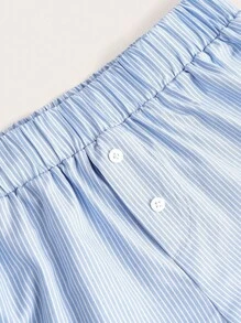 SHEIN BASICS 女式輕藍色編織細條紋寬鬆盒型褲，低腰設計 - 淺藍色 - 查看 9