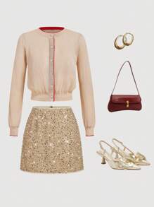 SHEIN MOD Cárdigan casual de mujer con ribete de contraste y botones delanteros semitransparentes, básicos casuales cómodos y acogedores del estilo de los 90s, ideal para el uso diario en otoño/invierno - Caqui - Ver 2