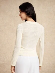 House of One Jacquard Knitted Stripes Round Neck Long Sleeves Top With Metal Buttons Women Elegant Casual Whites For Women Cream Women