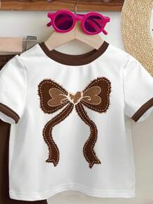 SHEIN 2pcs/Set Girls Casual Cartoon Pattern Round Neck Short Sleeve Top And Flare Pants Summer Outfit