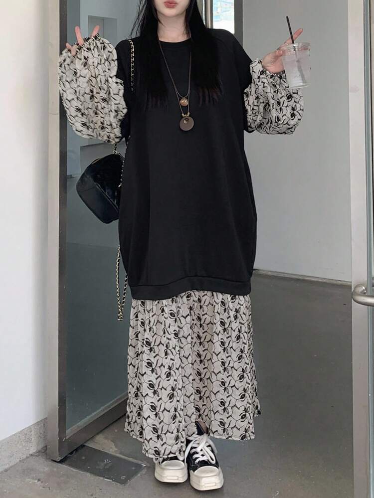 Women's Round Neck Long Sleeve 2 In 1 Patchwork Casual Elegant Dress Maxi Dress